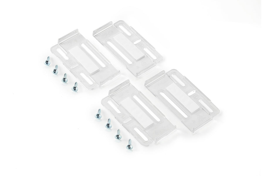 Vier transparente SimpleFix Clearline Clip-Module mit acht Schrauben