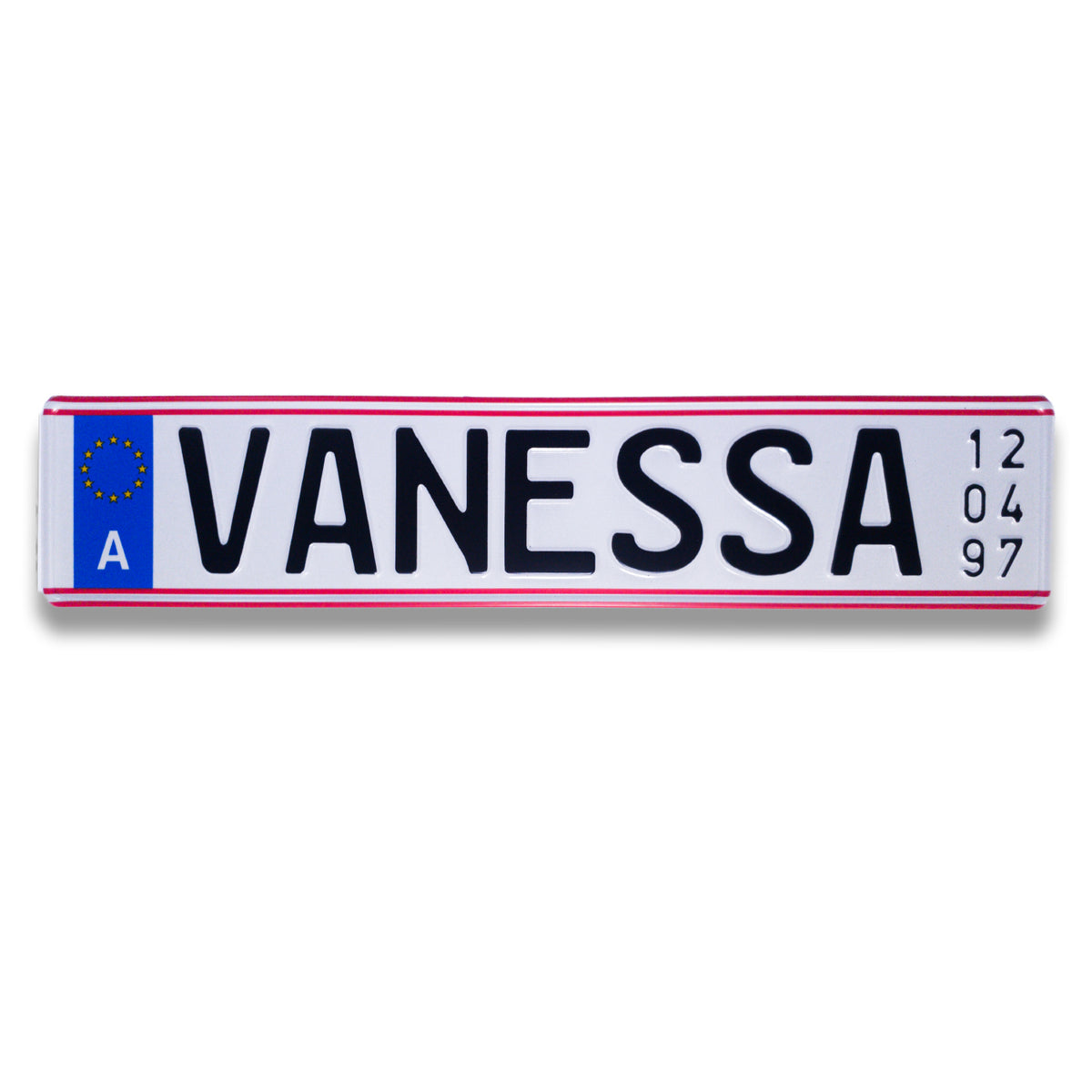 Personalisiertes österreichisches Namenskennzeichen mit dem Namen Vanessa und Geburtsdatum