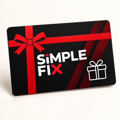 SimpleFix gift card with red ribbon design and gift symbol