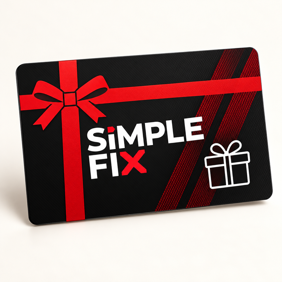 SimpleFix gift card with red ribbon design and gift symbol